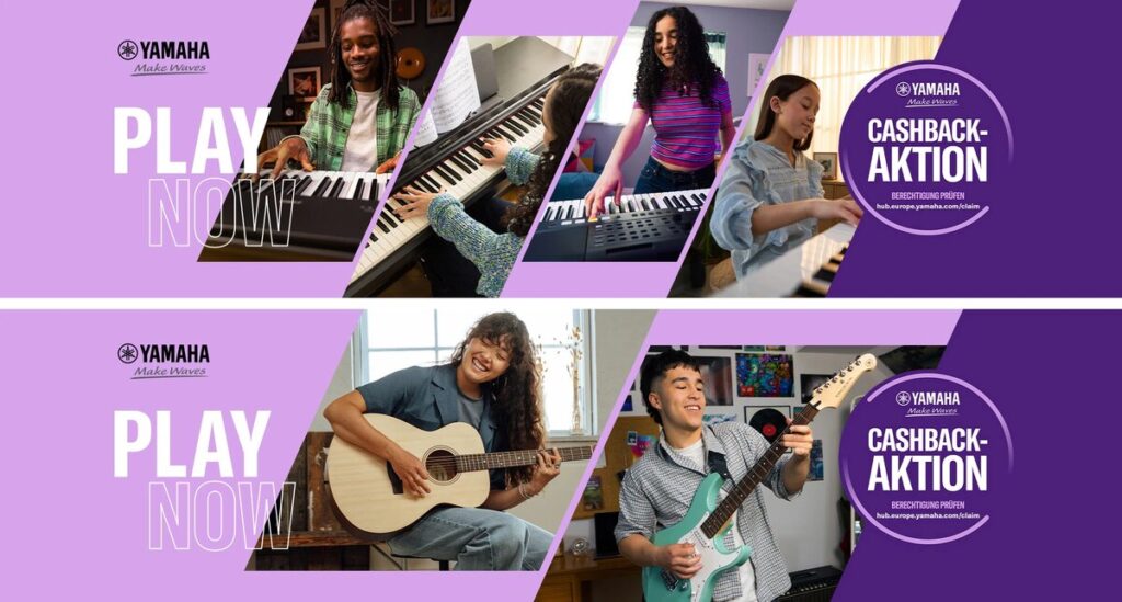 Werbemotiv der Yamaha Cashback-Aktion mit Musikerinnen und Musikern an Keyboards und Gitarren