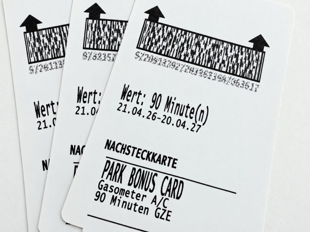 Drei Park Bonus Cards mit der Aufschrift „Nachsteckkarte, Park Bonus Card, Gasometer A/C, 90 Minuten“