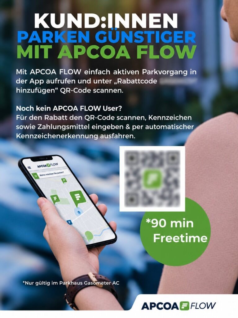 Plakat „Kund:innen parken günstiger mit APCOA FLOW“ mit QR-Code für 90 Minuten Gratisparken